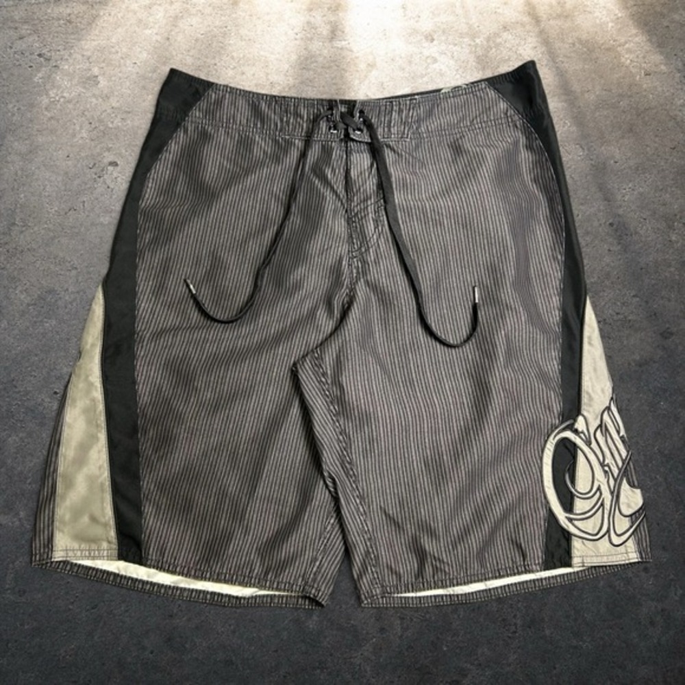 O'Neill Pinstripe Board Shorts Black Grey Y2K Skater Surf Trunks Size 34